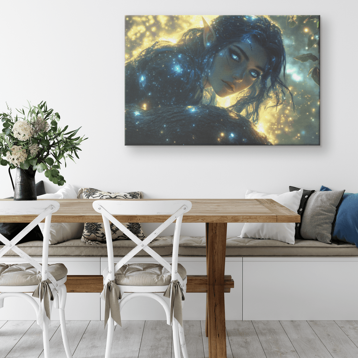 Female Night Elf Rogue Crouching on Treetop Dense Forest Shimmering Stars Radiant Cosmic Textures Canvas Wall Art - Awakening Righteousness