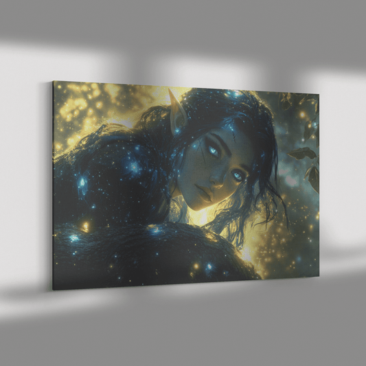 Female Night Elf Rogue Crouching on Treetop Dense Forest Shimmering Stars Radiant Cosmic Textures Canvas Wall Art - Awakening Righteousness