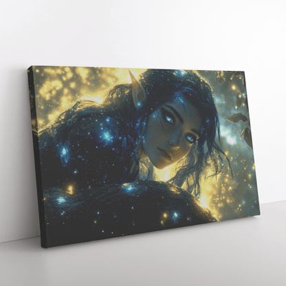 Female Night Elf Rogue Crouching on Treetop Dense Forest Shimmering Stars Radiant Cosmic Textures Canvas Wall Art - Awakening Righteousness