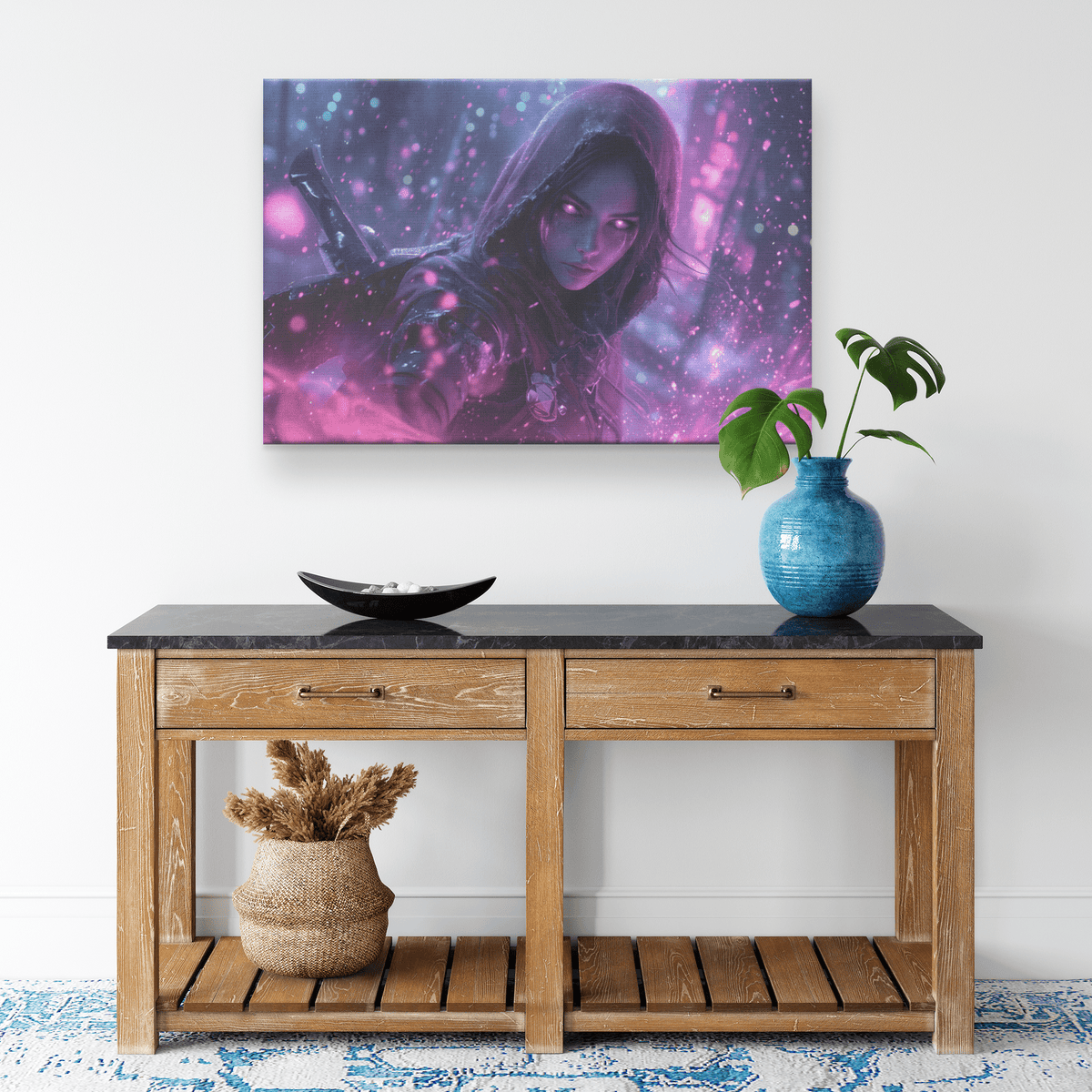 Female Night Elf Rogue Dark Crimson Armor Radiant Throwing Stars Shimmering Stars Cascading Purple Light Canvas Wall Art - Awakening Righteousness