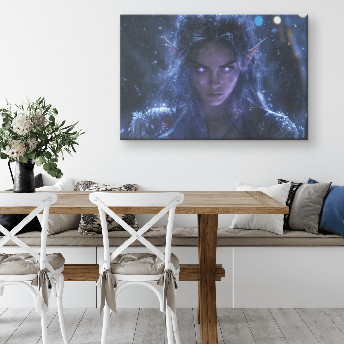 Female Night Elf Rogue Dark Crimson Armor Radiant Throwing Stars Shimmering Stars Cascading Purple Light Canvas Wall Art - Awakening Righteousness