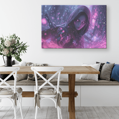 Female Night Elf Rogue Dark Crimson Armor Radiant Throwing Stars Shimmering Stars Cascading Purple Light Canvas Wall Art - Awakening Righteousness