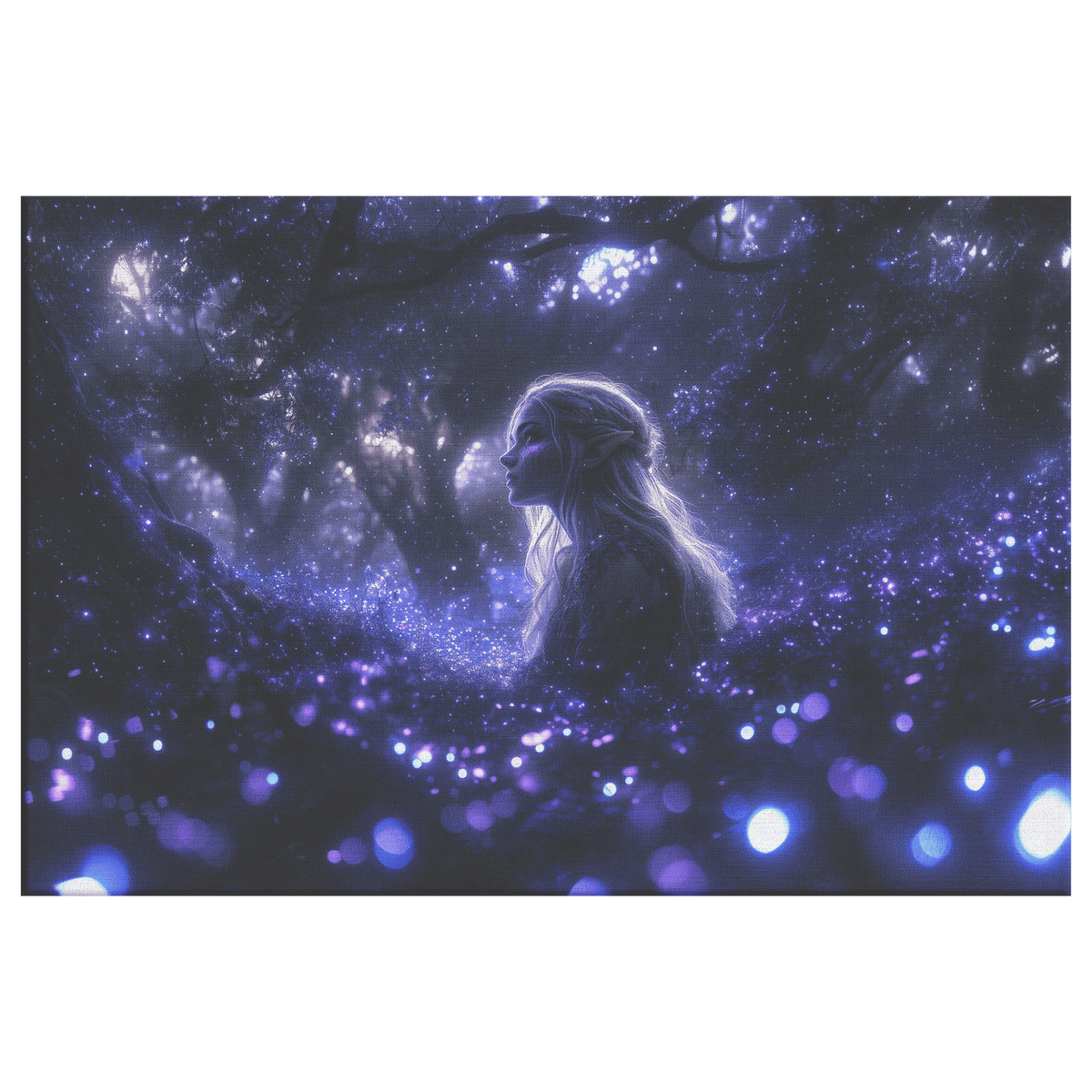 Female Night Elf Rogue Standing in Glowing Forest Shimmering Stars Cascading Light Trails Canvas Wall Art - Awakening Righteousness
