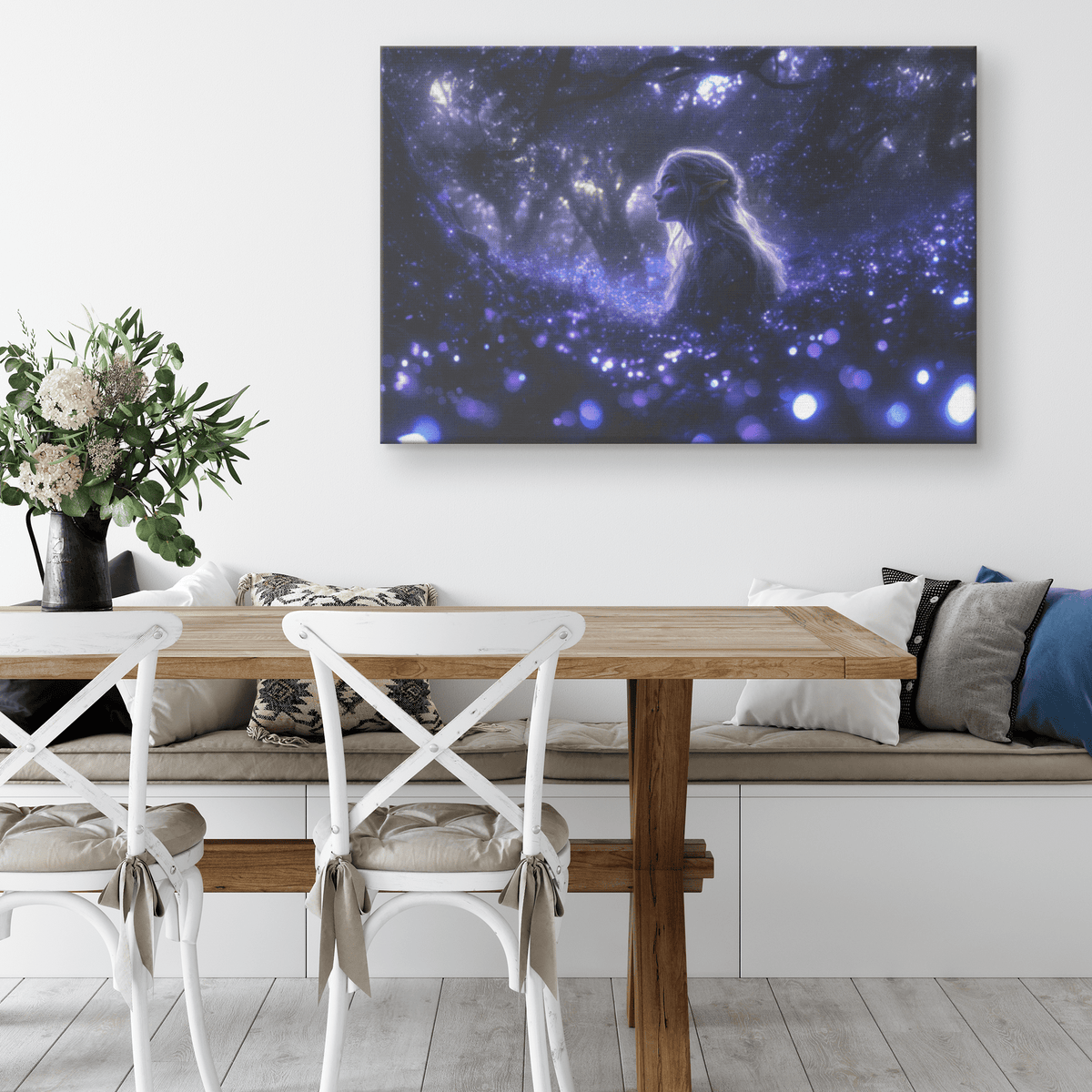 Female Night Elf Rogue Standing in Glowing Forest Shimmering Stars Cascading Light Trails Canvas Wall Art - Awakening Righteousness