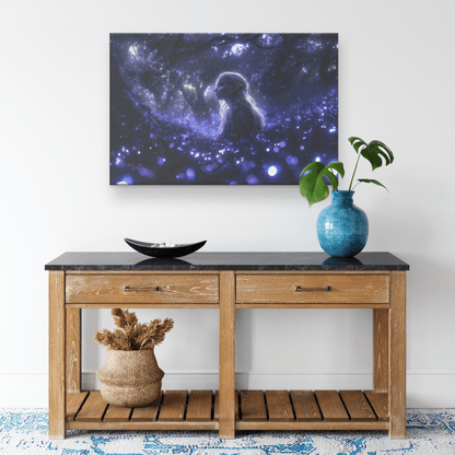 Female Night Elf Rogue Standing in Glowing Forest Shimmering Stars Cascading Light Trails Canvas Wall Art - Awakening Righteousness