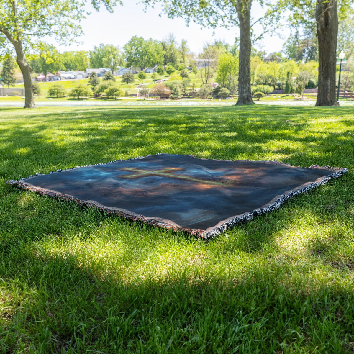 Fiery Glowing Cross in a Divine Sky Woven Throw Blanket for Inspired Home Decor - Awakening Righteousness