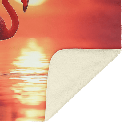 Flamingo Silhouetted Against Glowing Orange and Pink Sunrise Standing Gracefully on Reflective Lagoon Fleece Sherpa Blanket - Awakening Righteousness