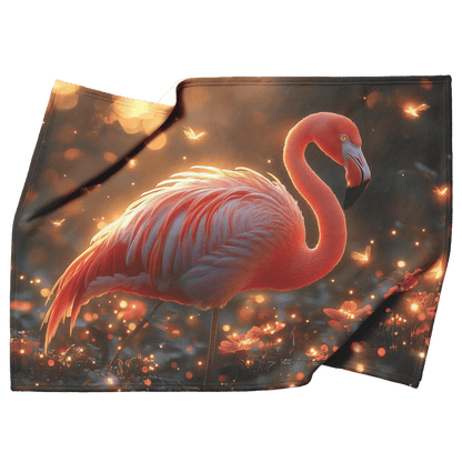 Flamingo Standing in Glowing Tropical Garden Surrounded by Shimmering Plants and Ethereal Golden Light Fleece Sherpa Blanket - Awakening Righteousness