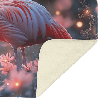Flamingo Standing in Glowing Tropical Garden Surrounded by Shimmering Plants and Ethereal Golden Light Fleece Sherpa Blanket - Awakening Righteousness