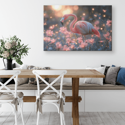 Flamingo Standing In Glowing Tropical Garden With Shimmering Plants And Ethereal Golden Light Canvas Wall Art Decor - Awakening Righteousness
