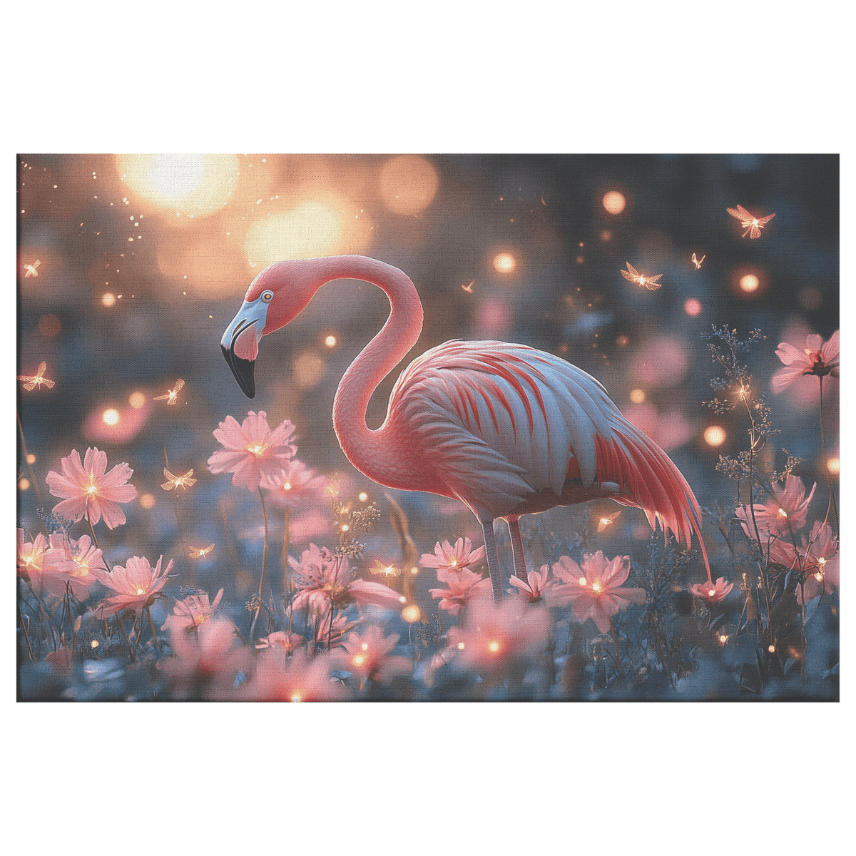 Flamingo Standing In Glowing Tropical Garden With Shimmering Plants And Ethereal Golden Light Canvas Wall Art Decor - Awakening Righteousness