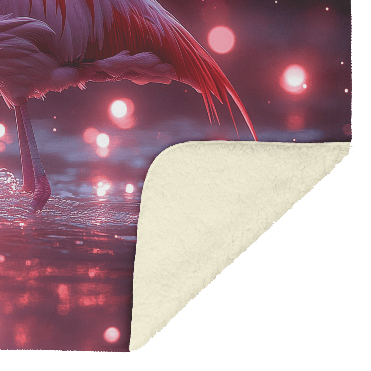 Flamingo Standing on Glowing Beach Surrounded by Bioluminescent Waves Under Starry Night Sky Fleece Sherpa Blanket - Awakening Righteousness