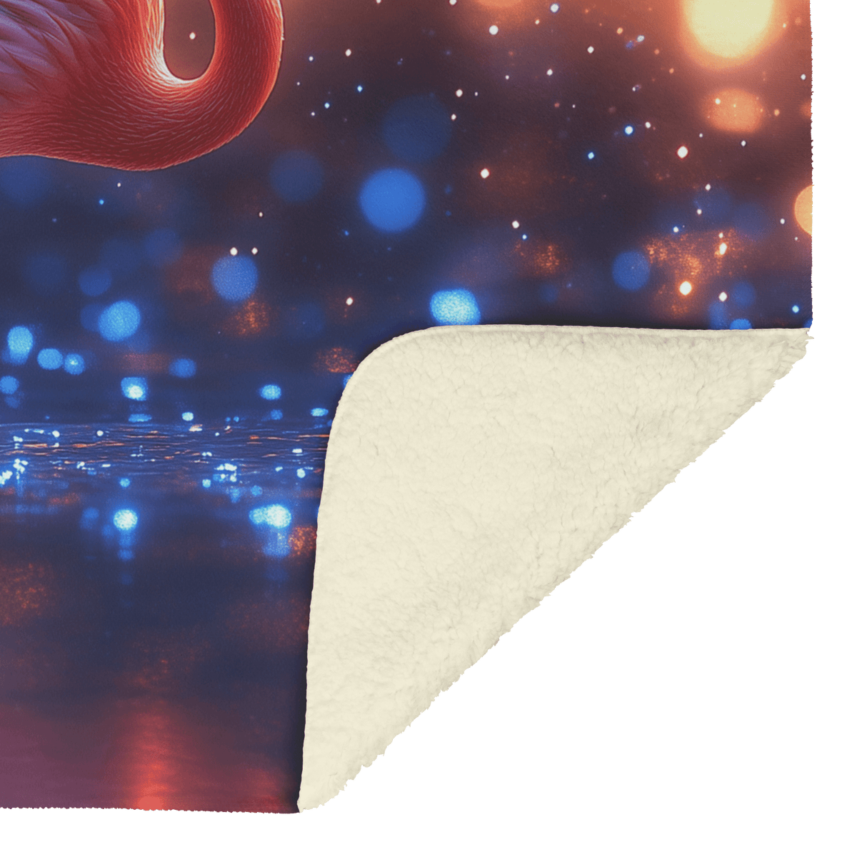 Flamingo Standing on Glowing Beach Surrounded by Bioluminescent Waves Under Starry Night Sky Fleece Sherpa Blanket - Awakening Righteousness