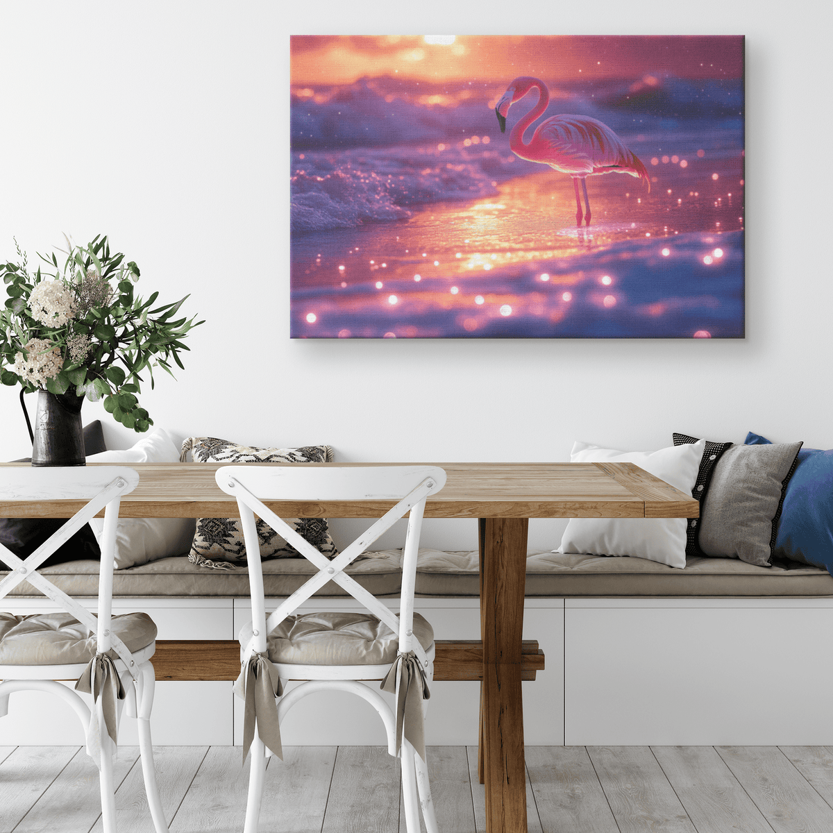 Flamingo Standing On Glowing Beach With Bioluminescent Waves Under Starry Night Sky Canvas Wall Art Decor - Awakening Righteousness