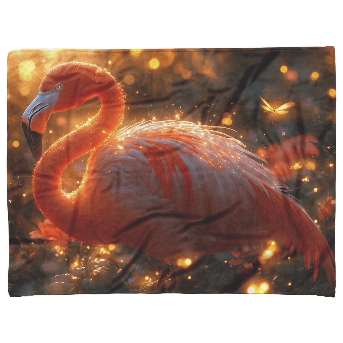 Flamingo Surrounded by Glowing Flowers and Fireflies in Magical Meadow Under Soft Golden Moonlight Fleece Sherpa Blanket - Awakening Righteousness