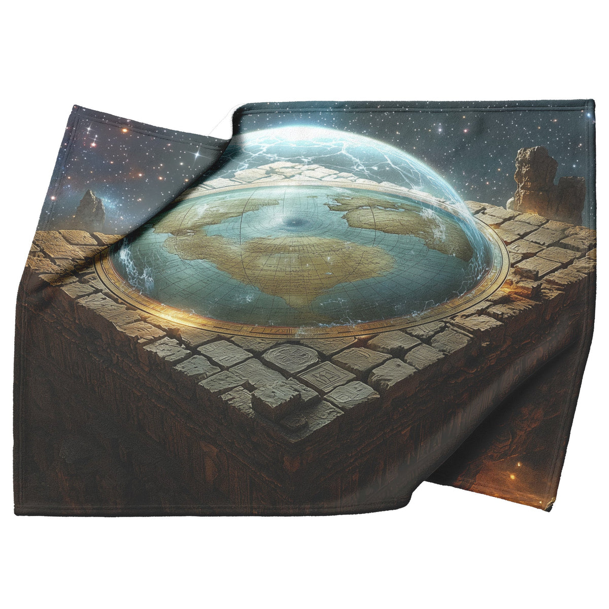 Flat Earth Firmament on Stone Bricks with Hieroglyphs and Starry Cosmos Cozy Fleece Sherpa Blanket - Awakening Righteousness