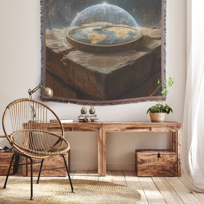 Flat Earth with Firmament and Ancient Carved Stone Table Woven Throw Blanket - Awakening Righteousness