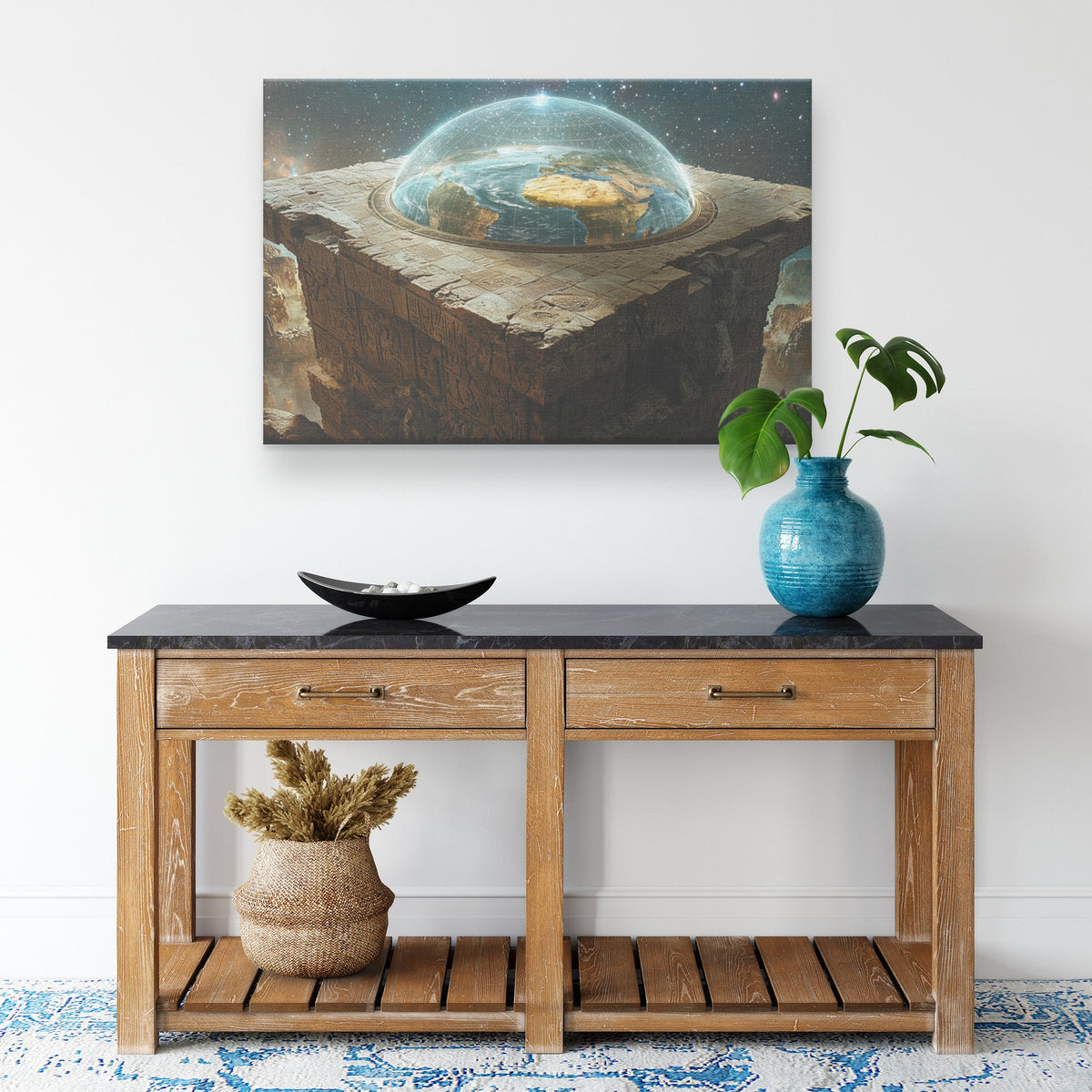 Flat Earth with Firmament on Hieroglyphic Stone Bricks Starry Cosmos Wall Art - Awakening Righteousness