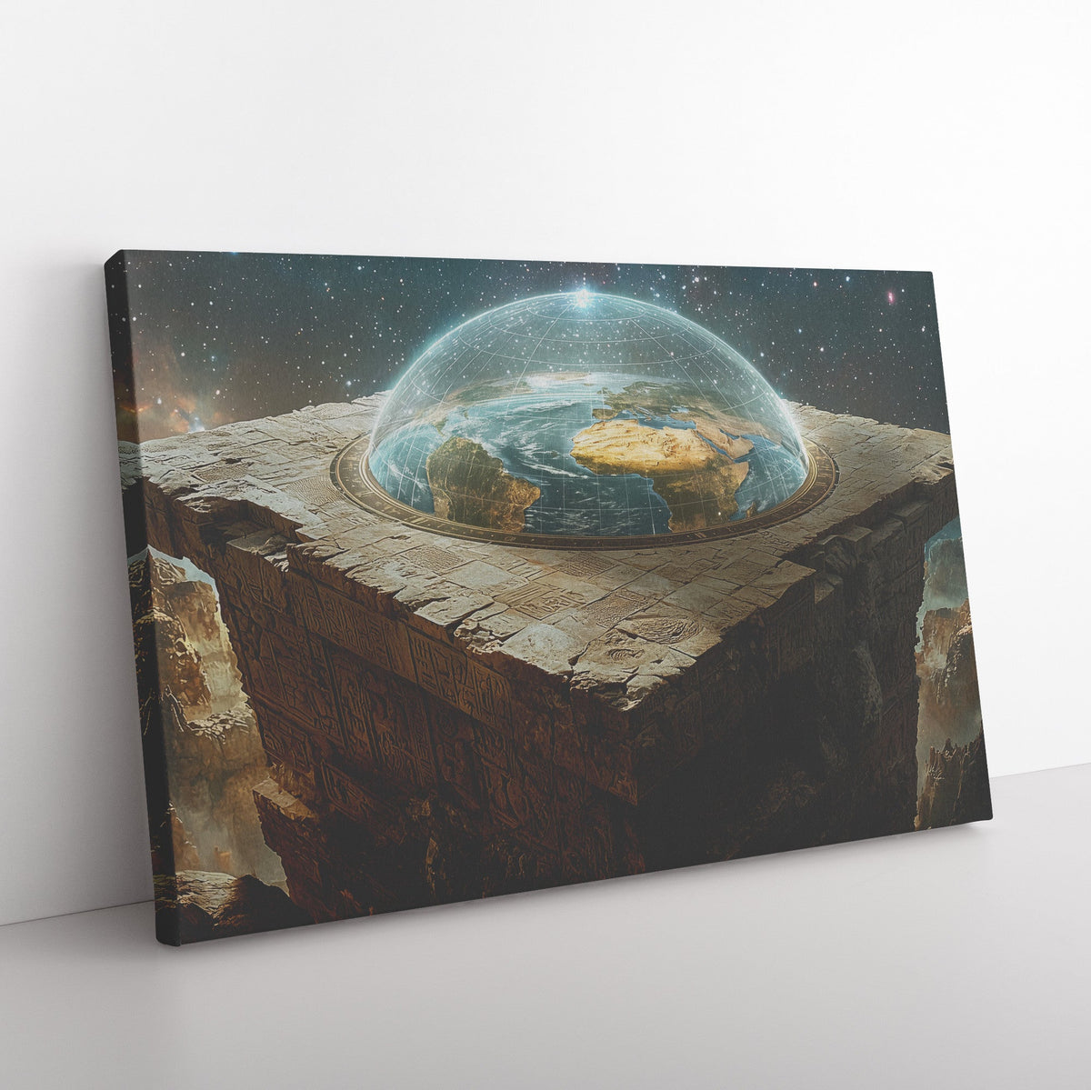 Flat Earth with Firmament on Hieroglyphic Stone Bricks Starry Cosmos Wall Art - Awakening Righteousness