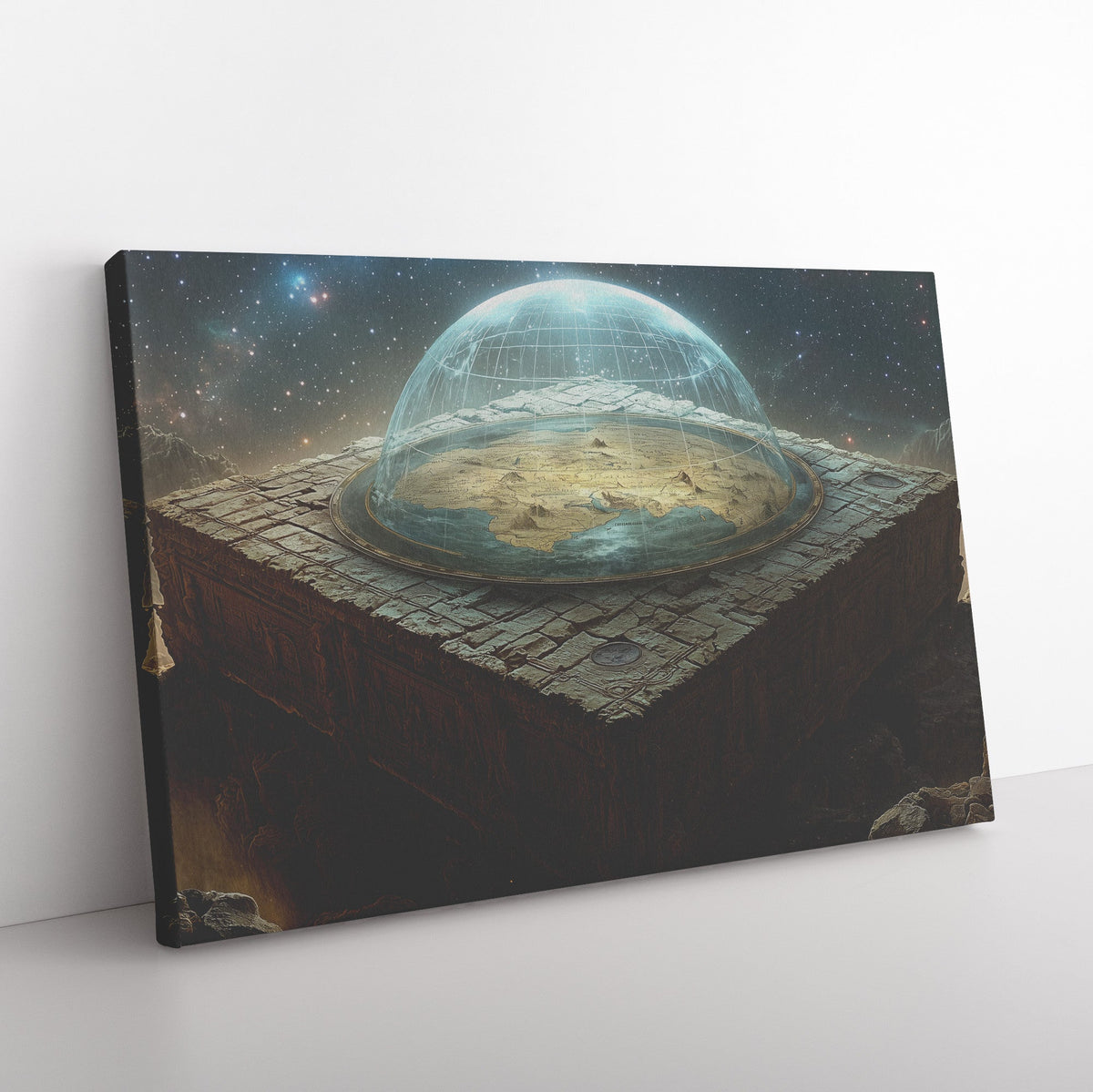 Flat Earth With Firmament on Squared Stone Covered With Egyptian Hieroglyphs in Starry Cosmos Canvas Wall Art Decor - Awakening Righteousness