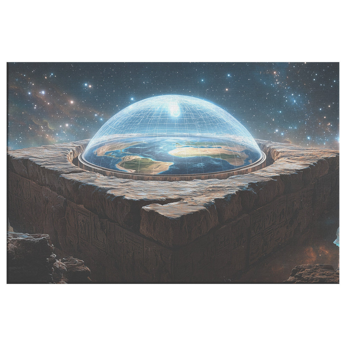 Flat Earth with Firmament on Stone Bricks with Egyptian Hieroglyphs Carvings Canvas Wall Art Decor - Awakening Righteousness