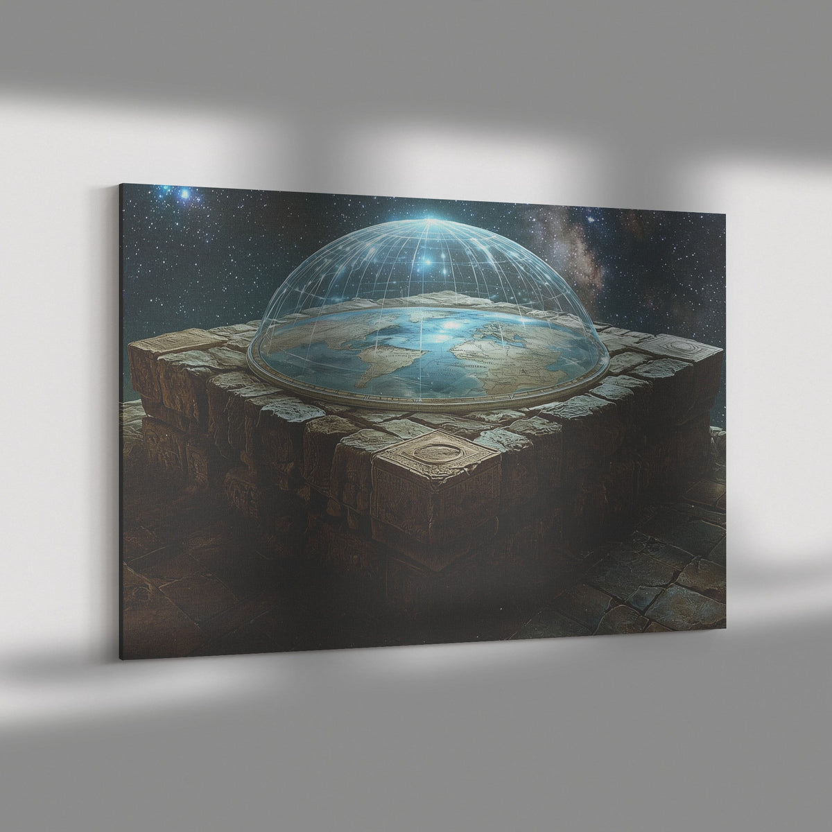 Flat Earth with Firmament on Stone Bricks with Hieroglyph Carvings in Starry Cosmos Canvas Wall Art Decor - Awakening Righteousness