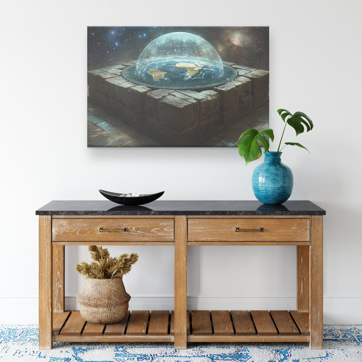Flat Earth with Firmament on Stone Bricks with Hieroglyph Carvings in Starry Cosmos Canvas Wall Art Decor - Awakening Righteousness