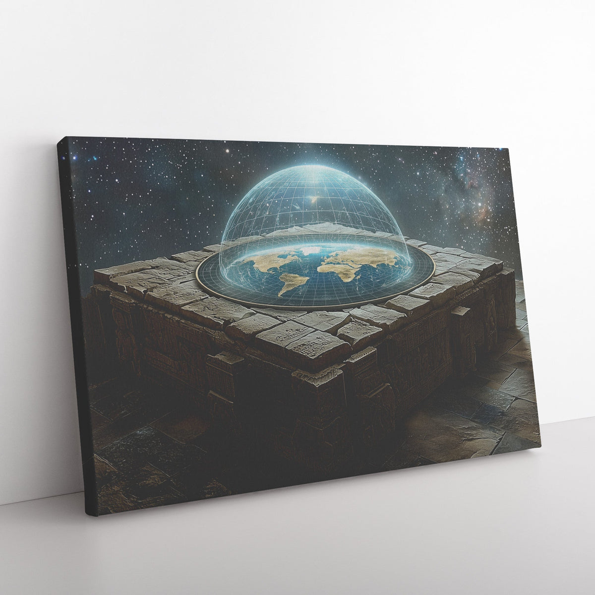 Flat Earth with Firmament on Stone Bricks with Hieroglyph Carvings Starry Cosmos Canvas Wall Art Decor - Awakening Righteousness