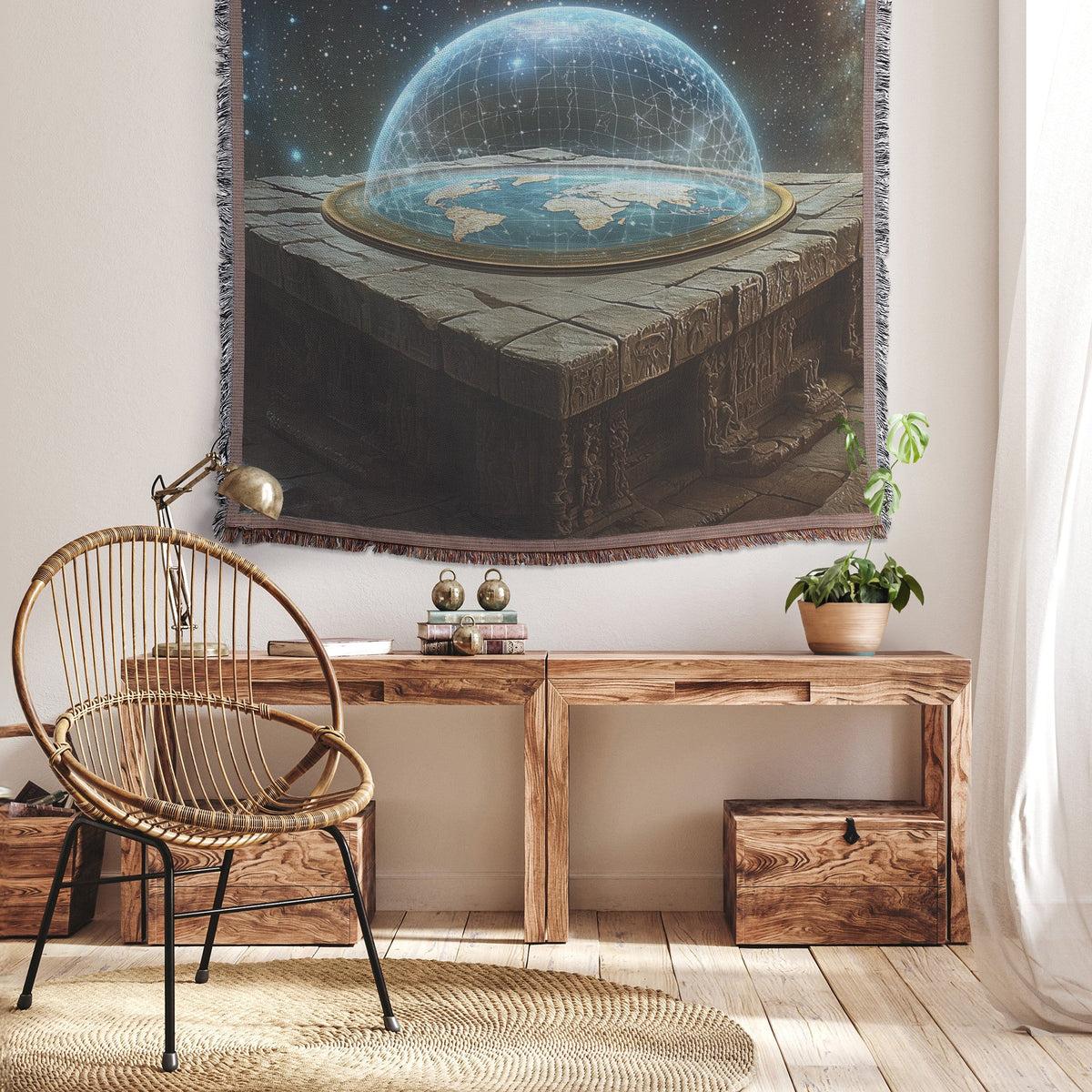 Flat Earth with Radiant Firmament and Ancient Carved Stone Table Woven Throw Blanket - Awakening Righteousness