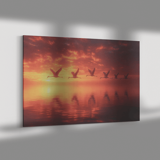 Flock Of Flamingos Flying Over Glowing Sunset Lake With Golden And Pink Reflections Canvas Wall Art Decor - Awakening Righteousness