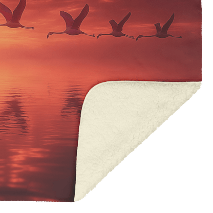 Flock of Flamingos Flying Over Glowing Sunset Lake With Silhouettes Reflecting Golden and Pink Light Fleece Sherpa Blanket - Awakening Righteousness