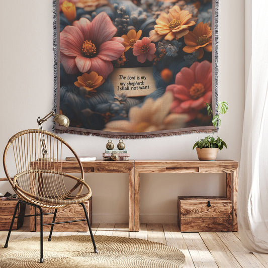Floral Design with Psalm 23 The Lord is My Shepherd Woven Throw Blanket for Cozy Home Decor - Awakening Righteousness