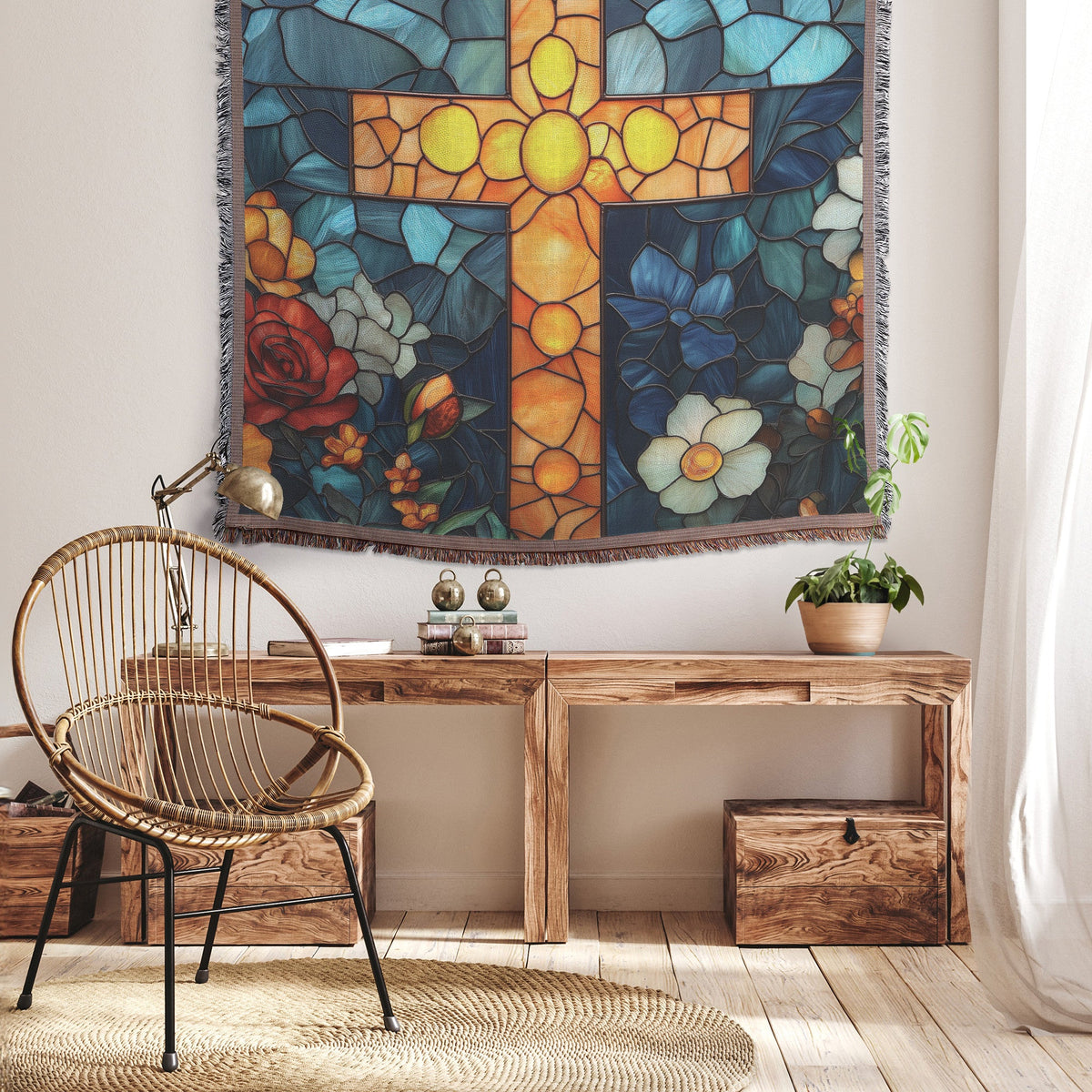 Floral Stained Glass Cross Woven Throw Blanket Vibrant Christian Art - Awakening Righteousness