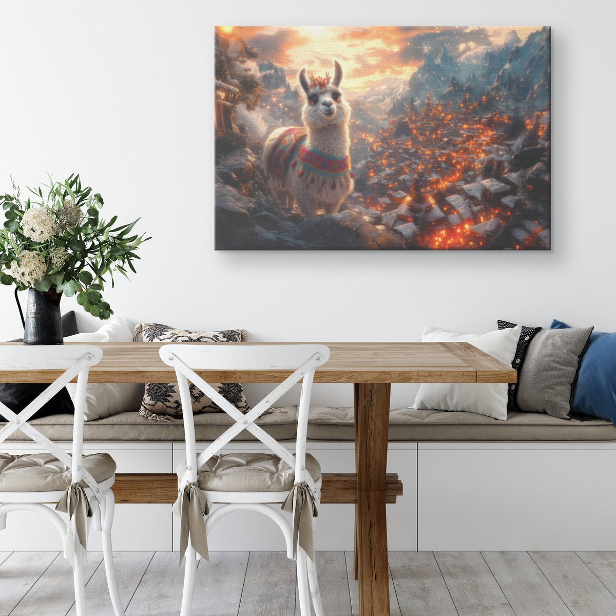 Fluffy Llama in Colorful Blankets Standing in Vibrant Village with Glowing Lights Festive Canvas Wall Art - Awakening Righteousness
