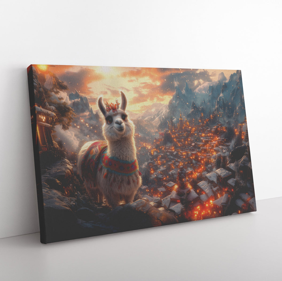 Fluffy Llama in Colorful Blankets Standing in Vibrant Village with Glowing Lights Festive Canvas Wall Art - Awakening Righteousness