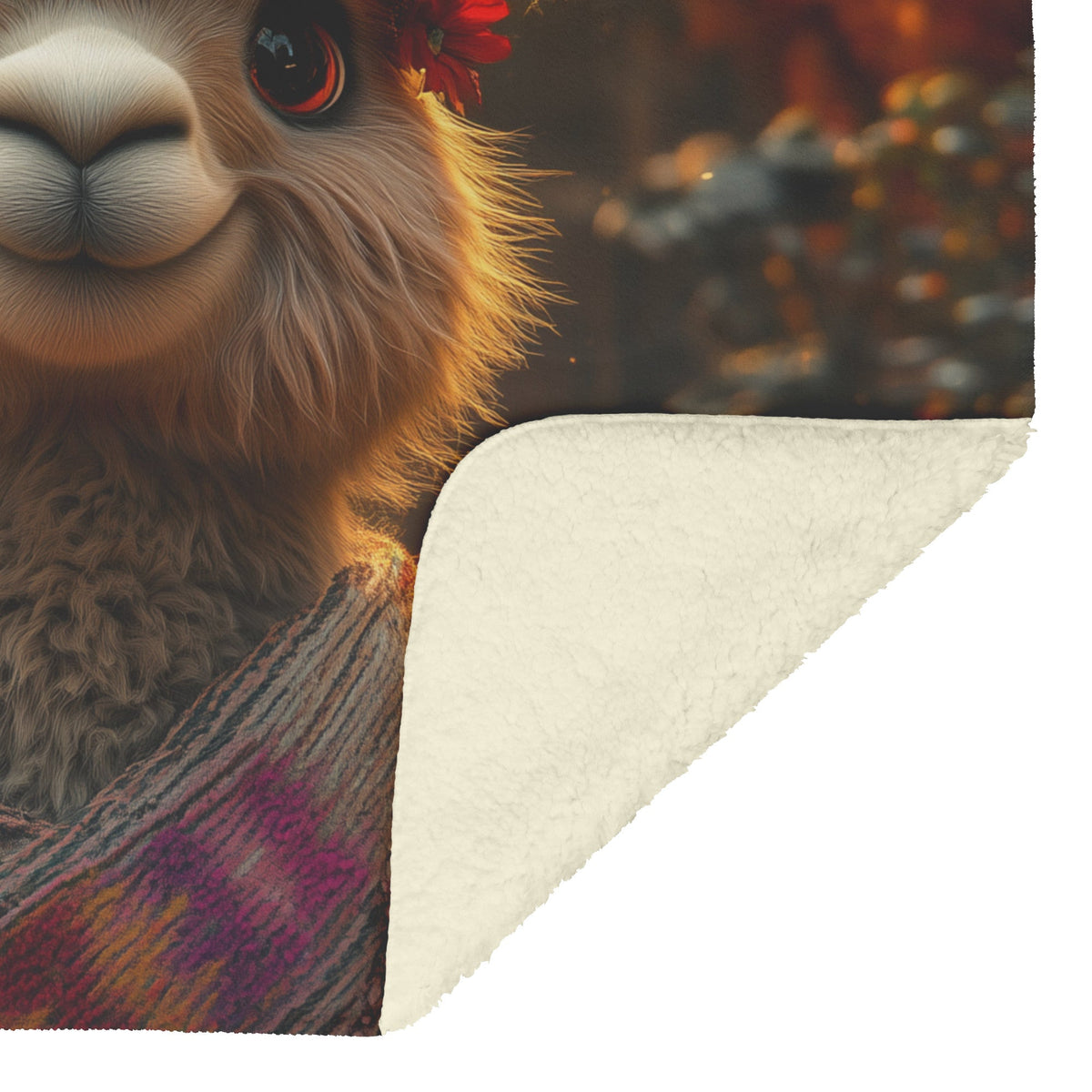 Fluffy Llama in Colorful Blankets Vibrant Village Glowing Lights Festive Rich Detail Sherpa Fleece Blanket - Awakening Righteousness