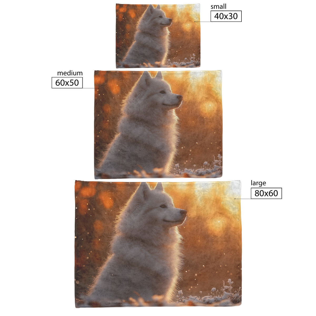 Fluffy Samoyed Sitting in Snowy Forest Under Golden Sunlight with Intricate Snow and Luminous Highlights Blanket - Awakening Righteousness
