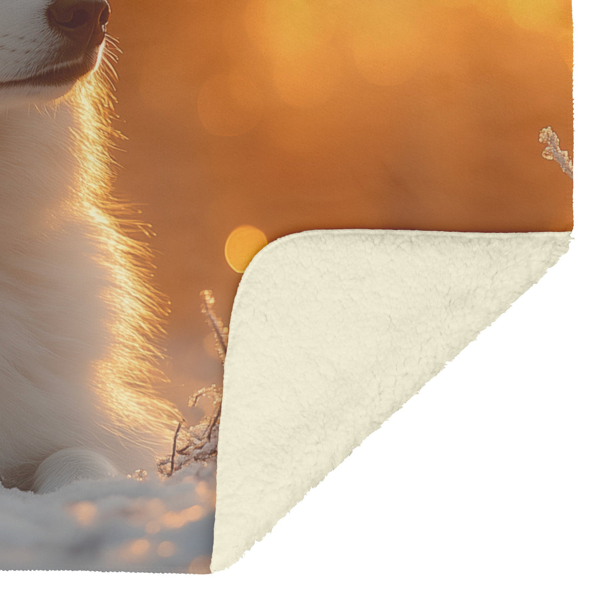Fluffy Samoyed Sitting in Snowy Forest Under Golden Sunlight with Intricate Snow and Luminous Highlights Blanket - Awakening Righteousness