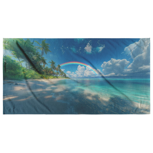 Full Arch Rainbow Glowing Over Tropical Beach Turquoise Water Sparkling White Sand Lush Palms Radiant Sunlight - Awakening Righteousness