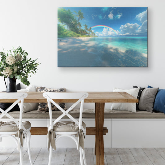 Full Arch Rainbow Over Tropical Beach Turquoise Water White Sand Lush Palms Radiant Sunlight Canvas Wall Art - Awakening Righteousness