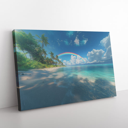 Full Arch Rainbow Over Tropical Beach Turquoise Water White Sand Lush Palms Radiant Sunlight Canvas Wall Art - Awakening Righteousness