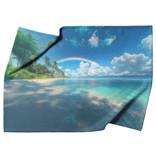 Full Arch Rainbow Over Tropical Beach Turquoise Water White Sand Palm Trees Radiant Sunlight Fleece Sherpa Blanket - Awakening Righteousness