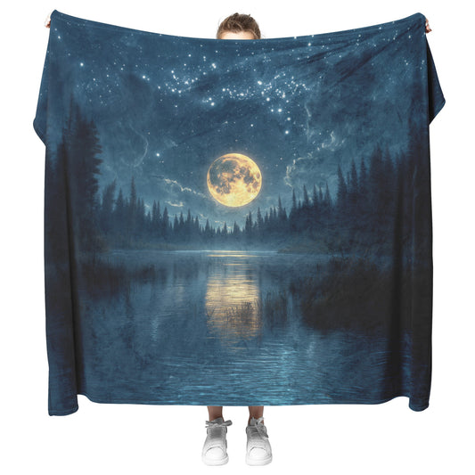Full Moon Glowing Over Mystical Forest Stars Shining in Clear Sky Trees Glistening with Dew Calm Lake Reflections Blanket - Awakening Righteousness