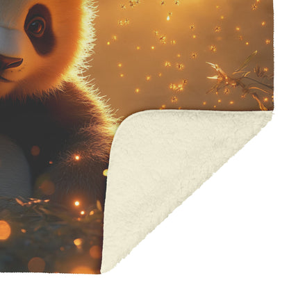 Giant Panda Sitting in Lush Bamboo Forest Glowing Fireflies Soft Golden Sunlight Serene Sherpa Fleece Blanket - Awakening Righteousness