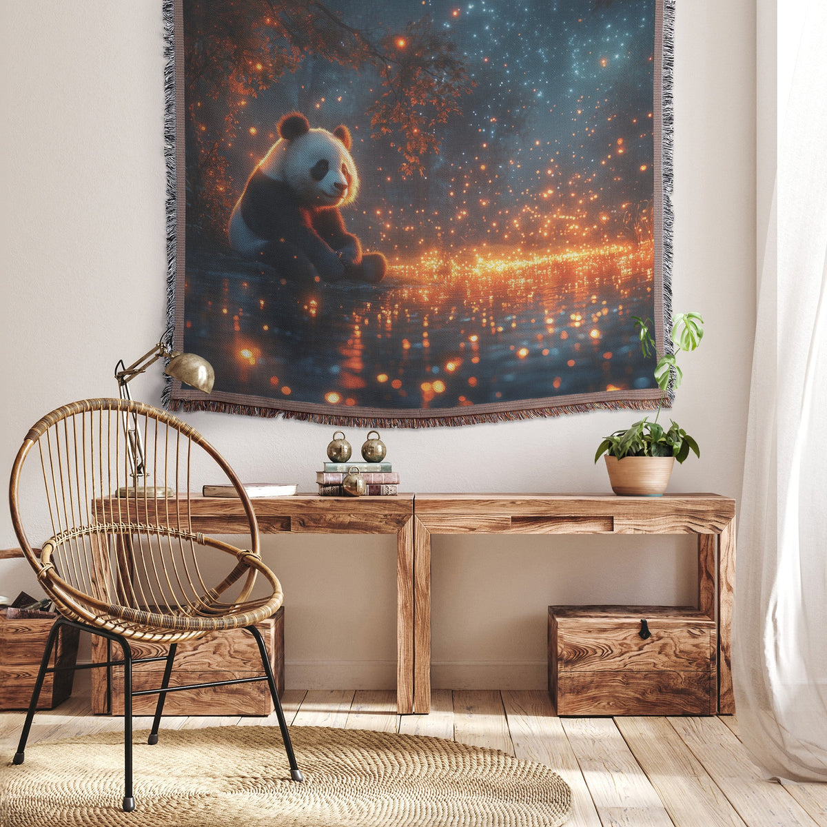 Giant Panda Sitting Near Bioluminescent Pond Surrounded by Glowing Plants Under Starry Night Sky Woven Throw Blanket - Awakening Righteousness