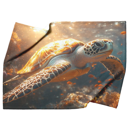 Giant Sea Turtle Swimming Near Glowing Coral Reef with Shimmering Fish and Golden Sunlight Fleece Sherpa Blanket - Awakening Righteousness