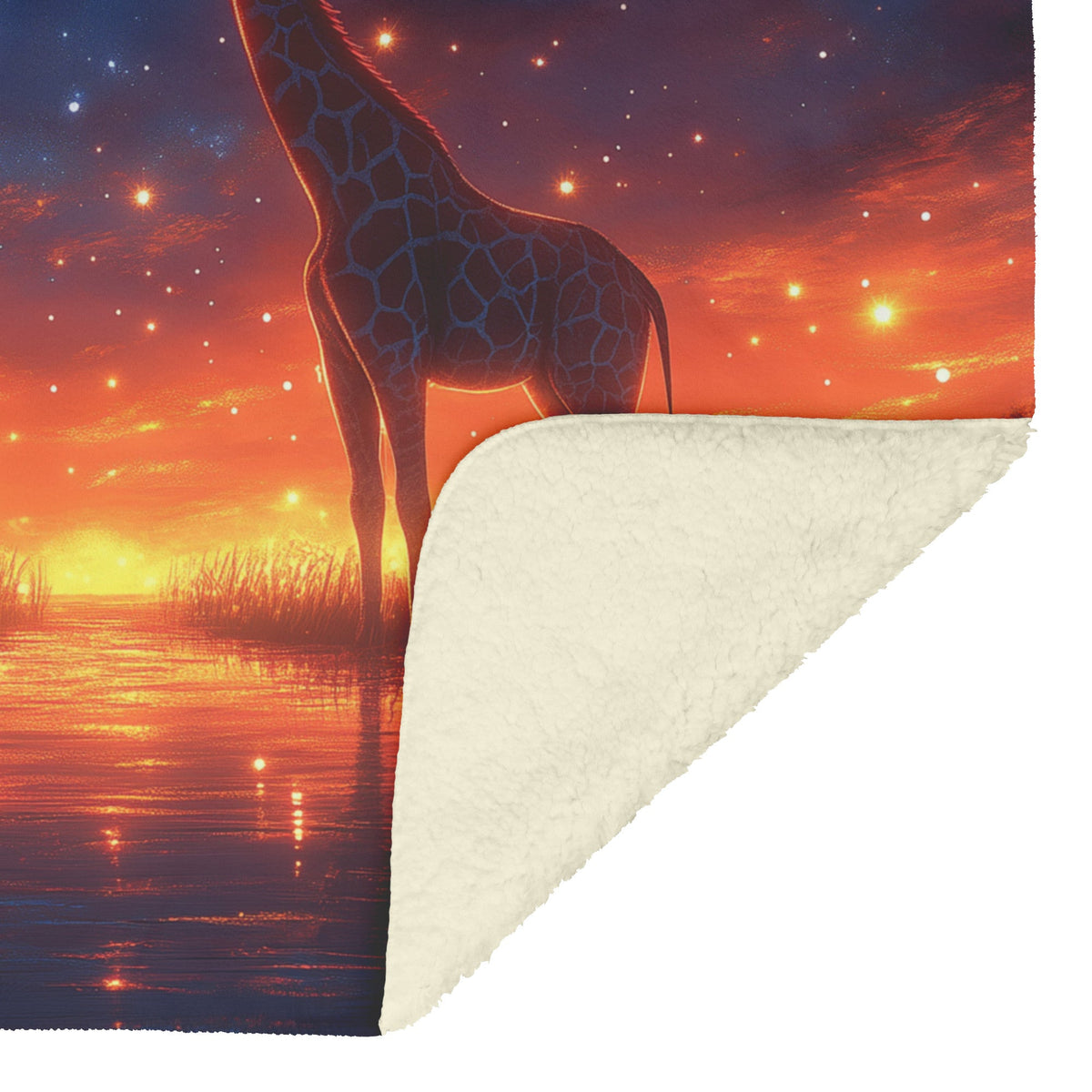 Giraffes Standing Gracefully Under Twilight Sky Filled with Stars Surrounded by Glowing Grasslands Sherpa Blanket - Awakening Righteousness