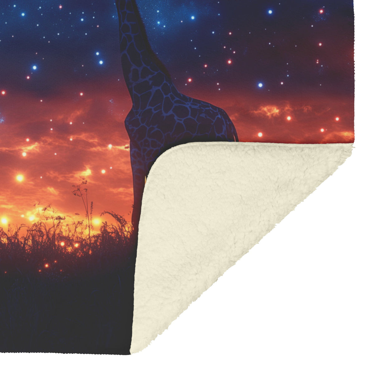 Giraffes Standing Gracefully Under Twilight Sky Filled with Stars Surrounded by Glowing Grasslands Sherpa Blanket - Awakening Righteousness