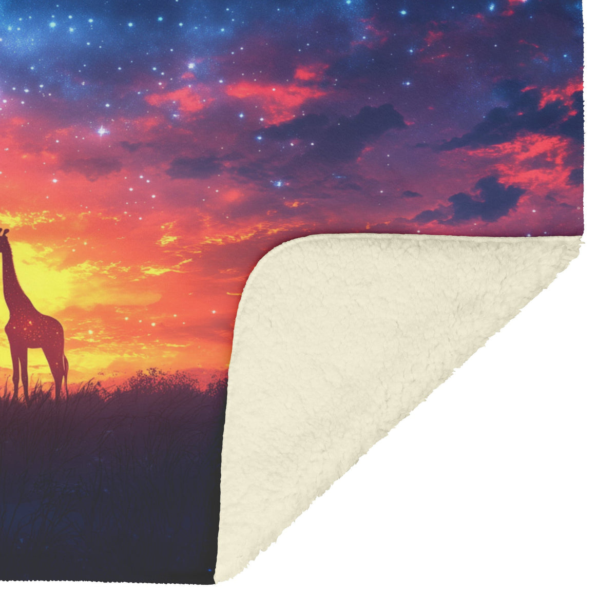 Giraffes Standing Gracefully Under Twilight Sky Filled with Stars Surrounded by Glowing Grasslands Sherpa Blanket - Awakening Righteousness