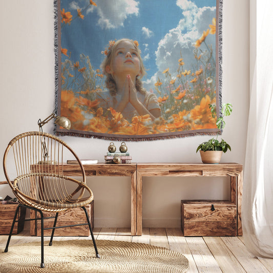 Girl Praying in a Field of Orange Flowers Under a Blue Sky Woven Throw Blanket - Awakening Righteousness